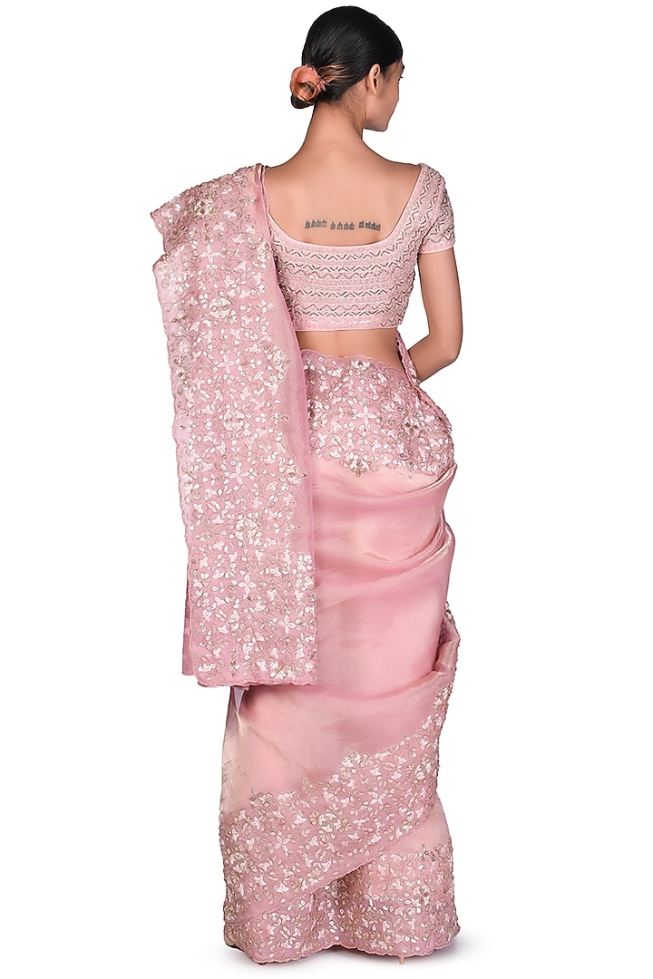 Pink Tissue Embroidered Reception Saree Set by Dev R Nil at Pernia's Pop Up Shop