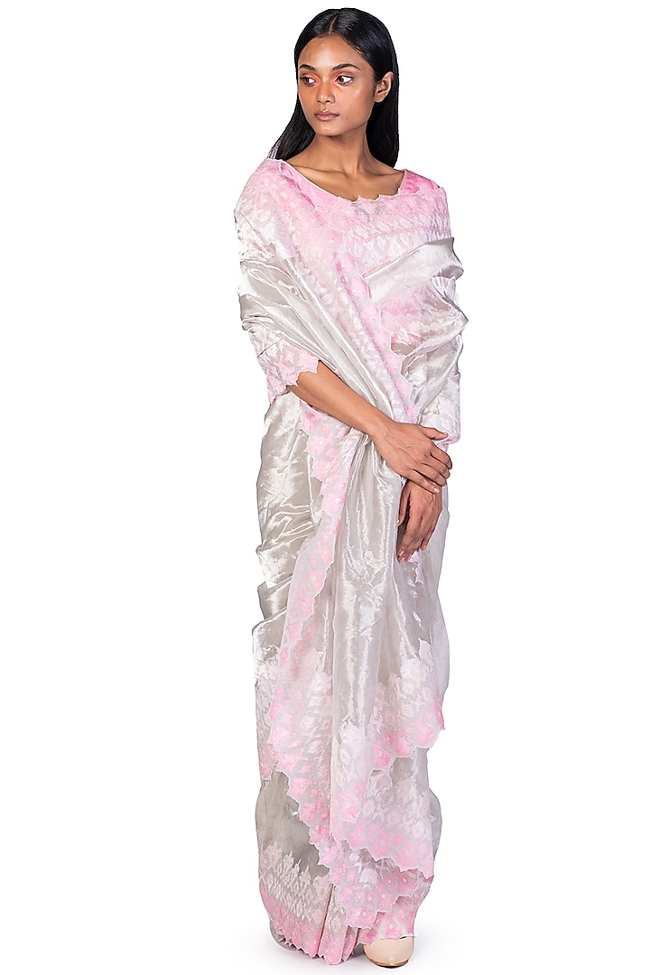 Pink & Silver Embroidered Saree Set by Dev R Nil
