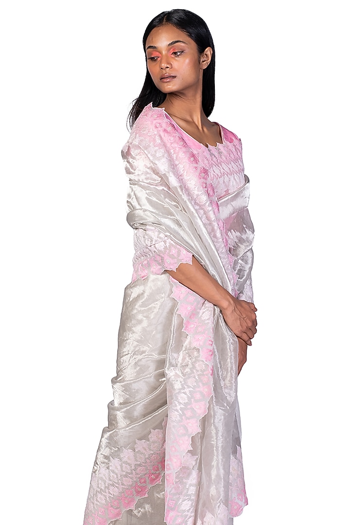 Pink & Silver Embroidered Reception Saree Set by Dev R Nil at Pernia's Pop Up Shop