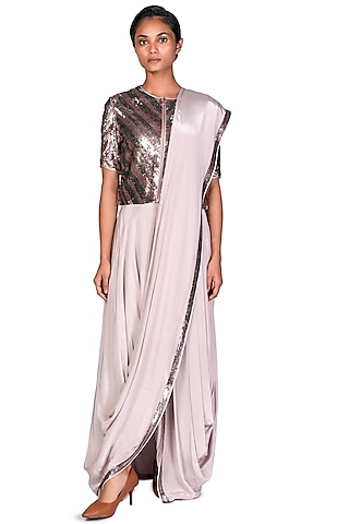 Dull Lilac Crepe Cutdana Work Pre-Stitched Saree Set by Dev R Nil