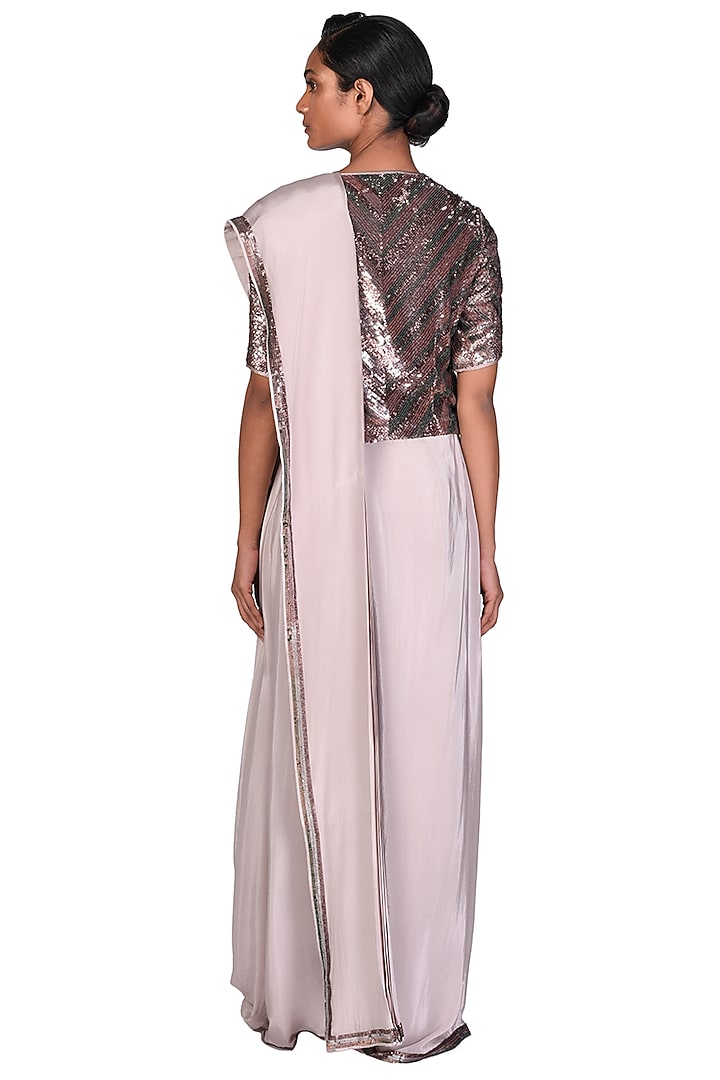 Dull Lilac Crepe Cutdana Work Pre-Stitched Wedding Saree Set by Dev R Nil at Pernia's Pop Up Shop
