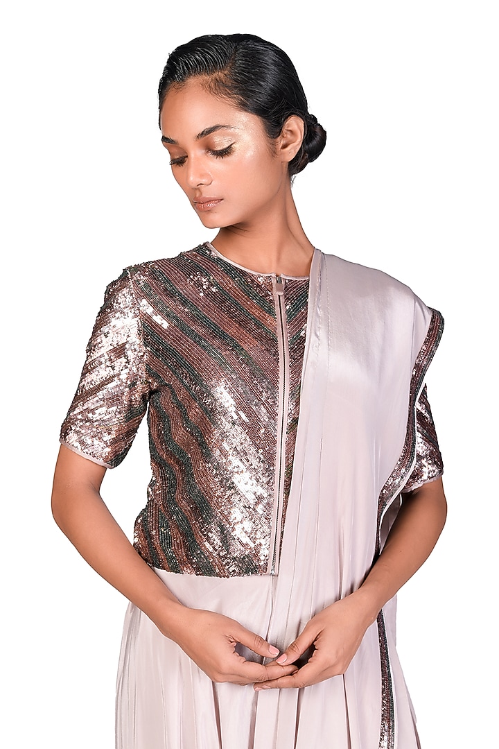 Dull Lilac Crepe Cutdana Work Pre-Stitched Wedding Saree Set by Dev R Nil at Pernia's Pop Up Shop