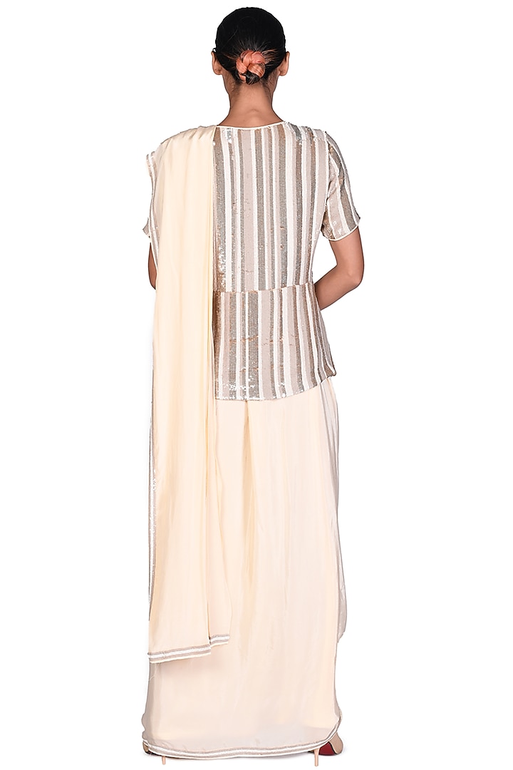 Cream Embroidered Pre-Stitched Reception Saree Set by Dev R Nil at Pernia's Pop Up Shop