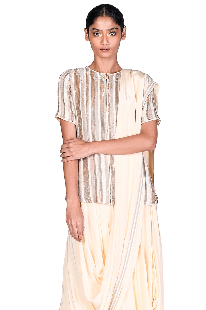 Cream Embroidered Pre-Stitched Reception Saree Set by Dev R Nil at Pernia's Pop Up Shop