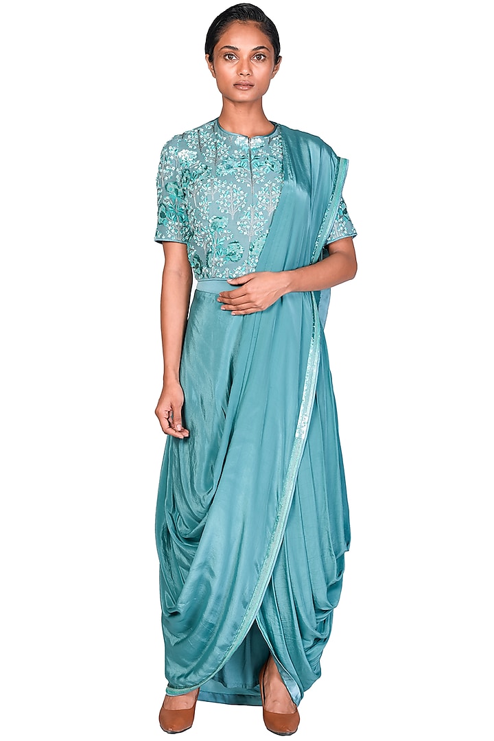 Teal Crepe & Satin Embroidered Pre-Stitched Saree Set by Dev R Nil