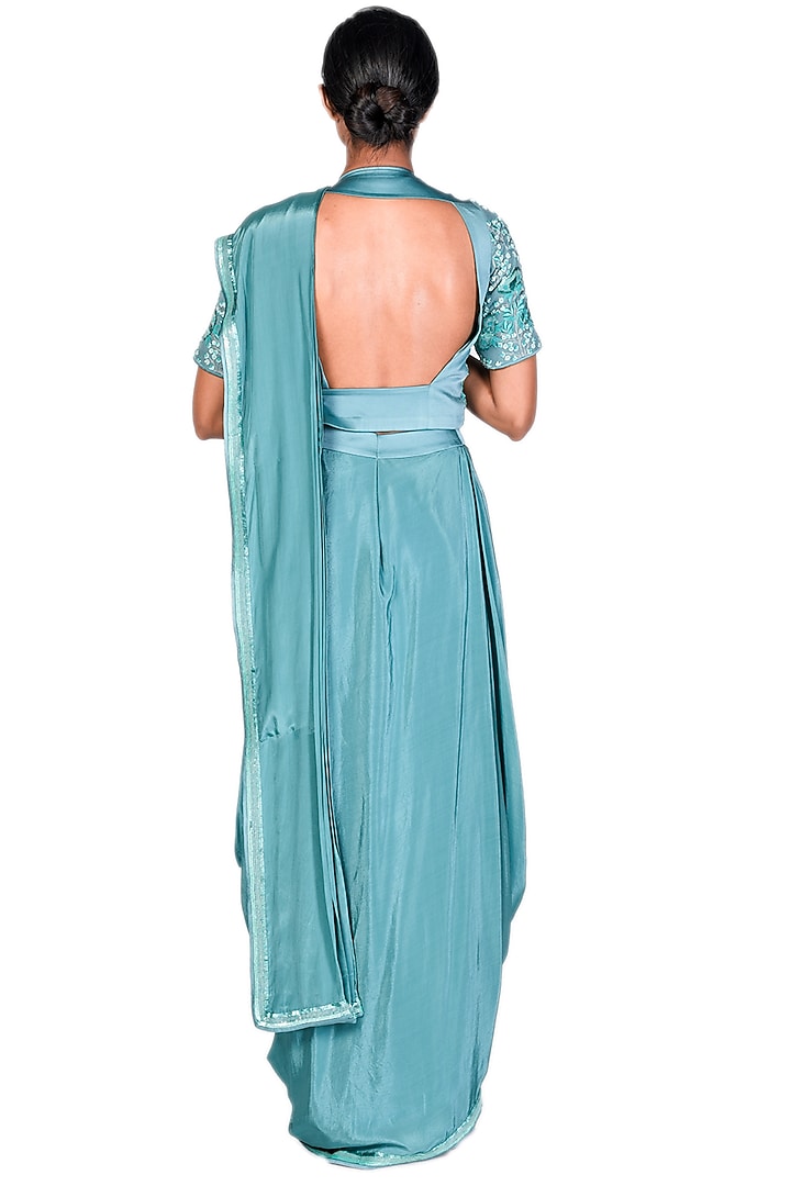 Teal Crepe & Satin Embroidered Pre-Stitched Reception Saree Set by Dev R Nil at Pernia's Pop Up Shop