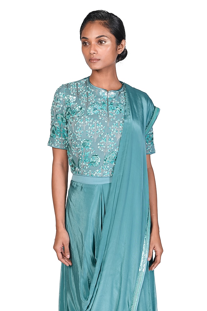 Teal Crepe & Satin Embroidered Pre-Stitched Reception Saree Set by Dev R Nil at Pernia's Pop Up Shop