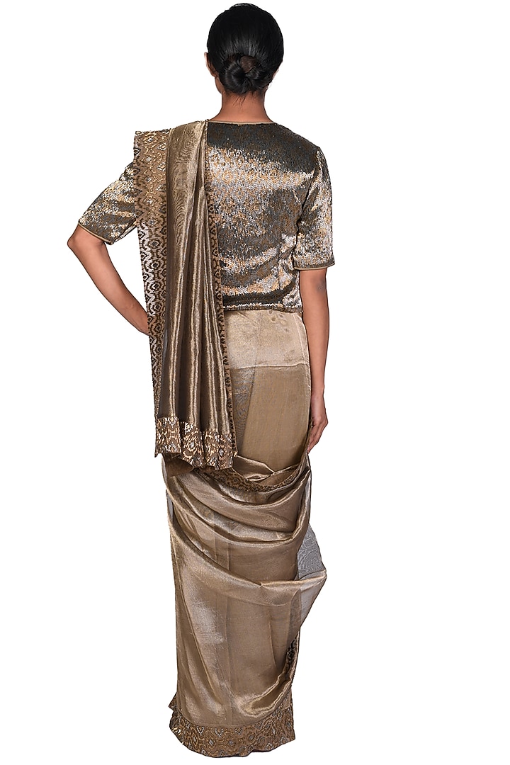 Bronze Tissue Embroidered Bridal Saree Set by Dev R Nil at Pernia's Pop Up Shop
