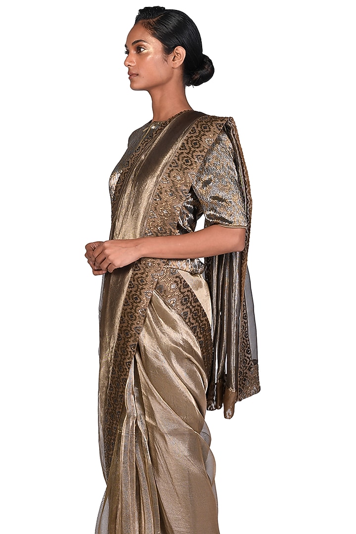Bronze Tissue Embroidered Bridal Saree Set by Dev R Nil at Pernia's Pop Up Shop