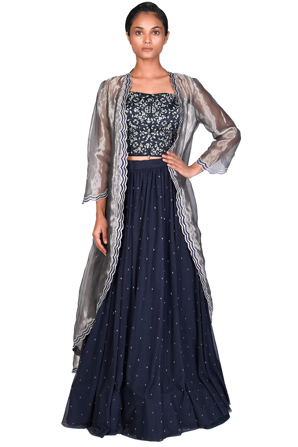 Navy Blue Embroidered Skirt Set by Dev R Nil at Pernia's Pop Up Shop