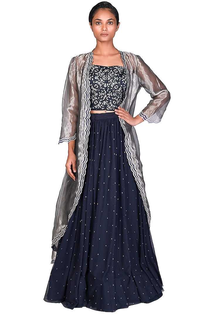 Navy Blue Embroidered Skirt Set by Dev R Nil at Pernia's Pop Up Shop