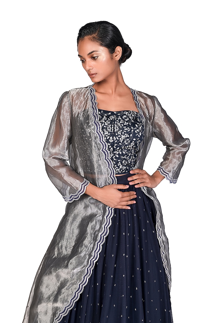 Navy Blue Embroidered Skirt Set by Dev R Nil at Pernia's Pop Up Shop