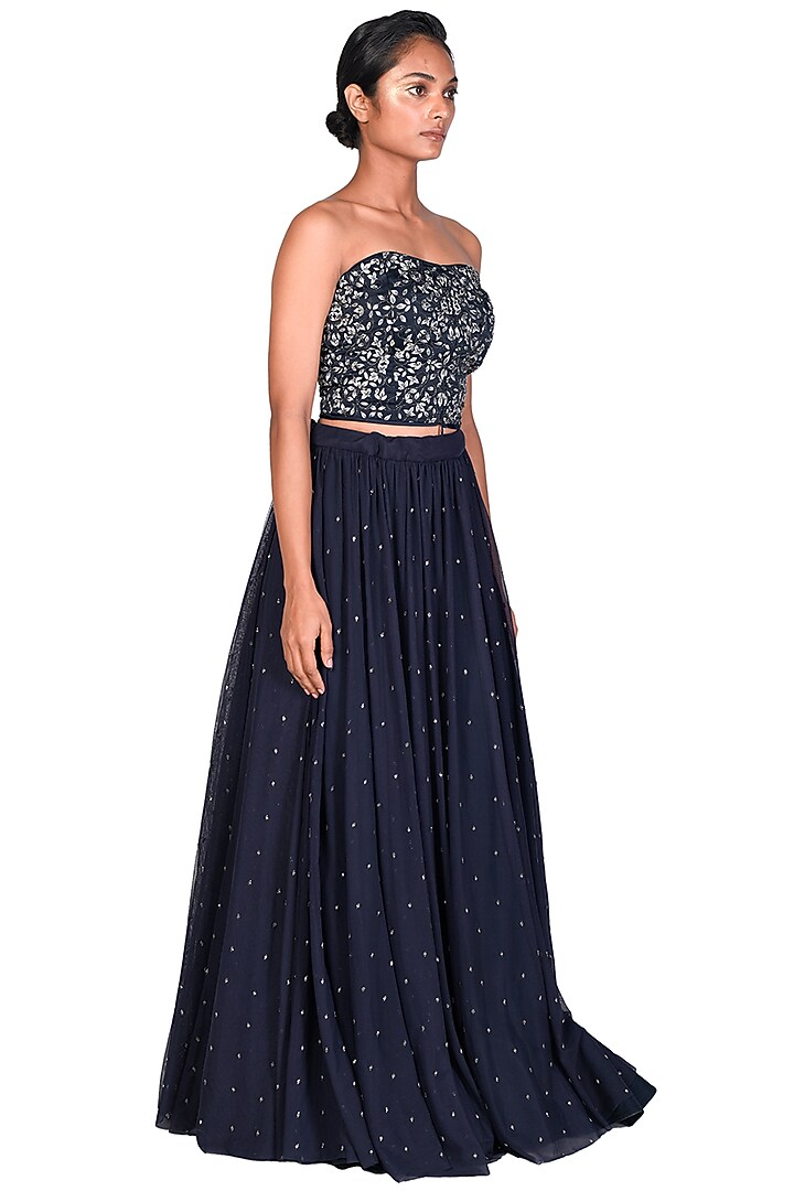 Navy Blue Embroidered Skirt Set by Dev R Nil at Pernia's Pop Up Shop