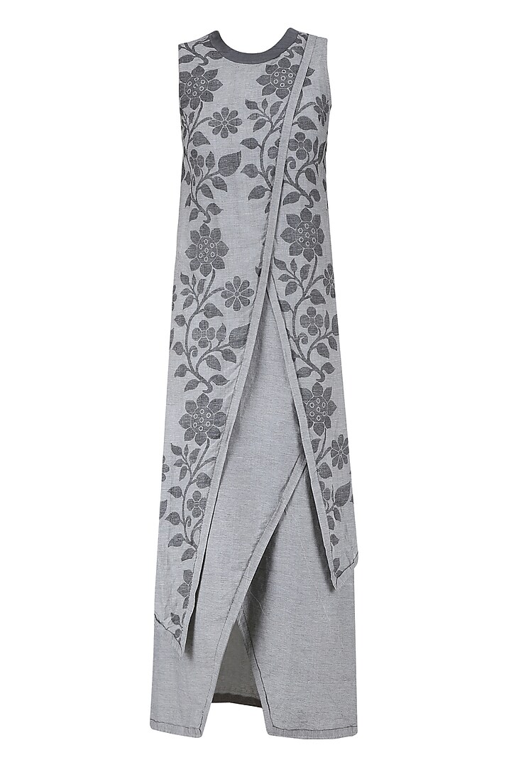 Light grey floral jamdani criss cross two layered dress available only at Pernia's Pop Up Shop.