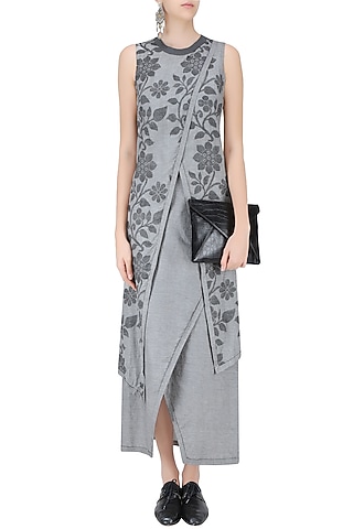 Light Grey Floral Jamdani Criss Cross Two Layered Dress by Debashri Samanta
