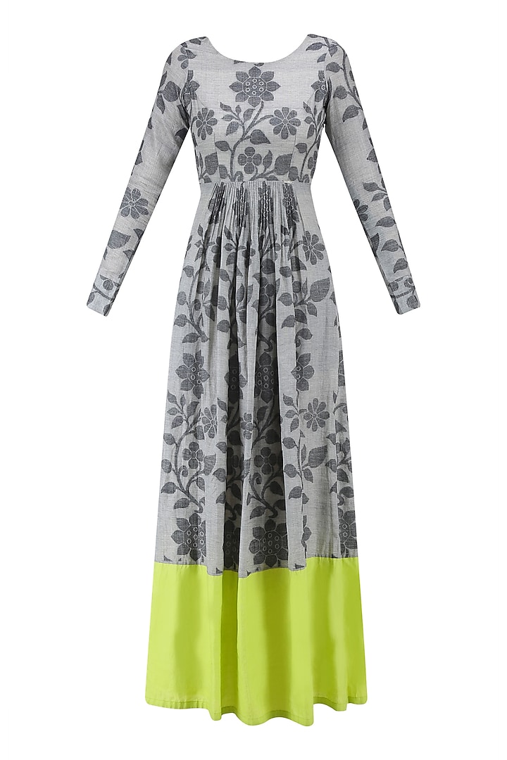 Light Grey and Lime Floral Jamdani Brocade Maxi Dress by Debashri Samanta