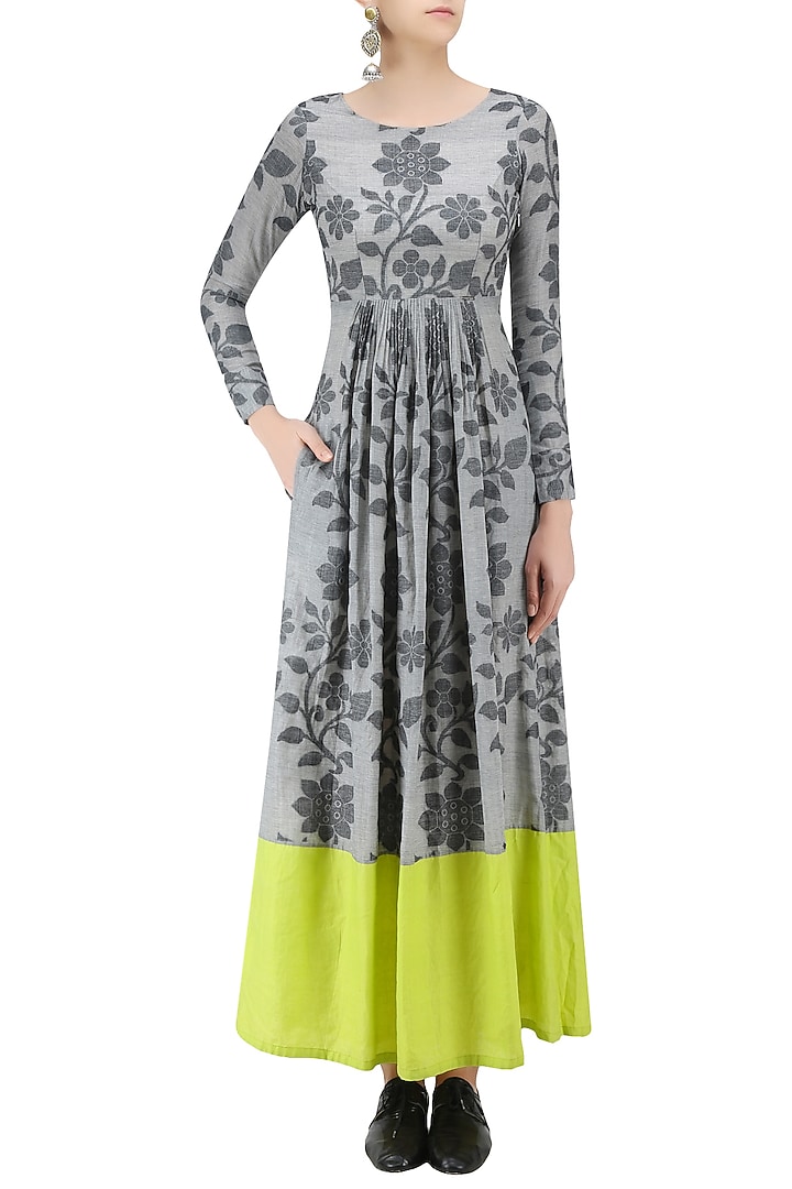 Light grey and lime floral jamdani brocade maxi dress available only at Pernia's Pop Up Shop.