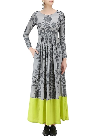 Light Grey and Lime Floral Jamdani Brocade Maxi Dress by Debashri Samanta