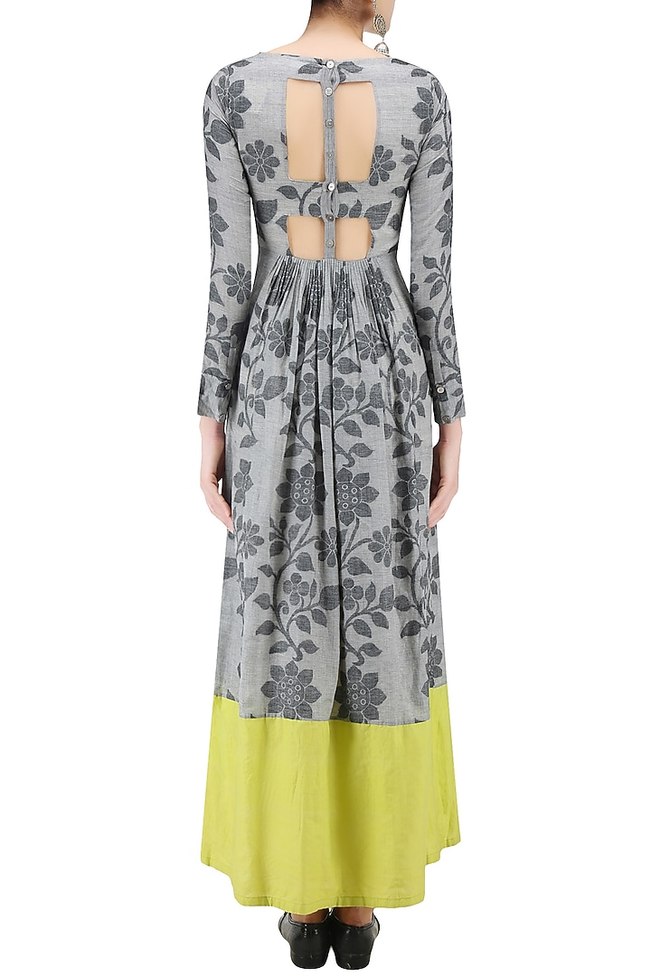 Light grey and lime floral jamdani brocade maxi dress available only at Pernia's Pop Up Shop.