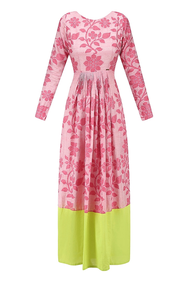 Flesh Red and Lime Floral Jamdani Brocade Maxi Dress by Debashri Samanta