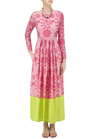 Flesh Red and Lime Floral Jamdani Brocade Maxi Dress by Debashri Samanta