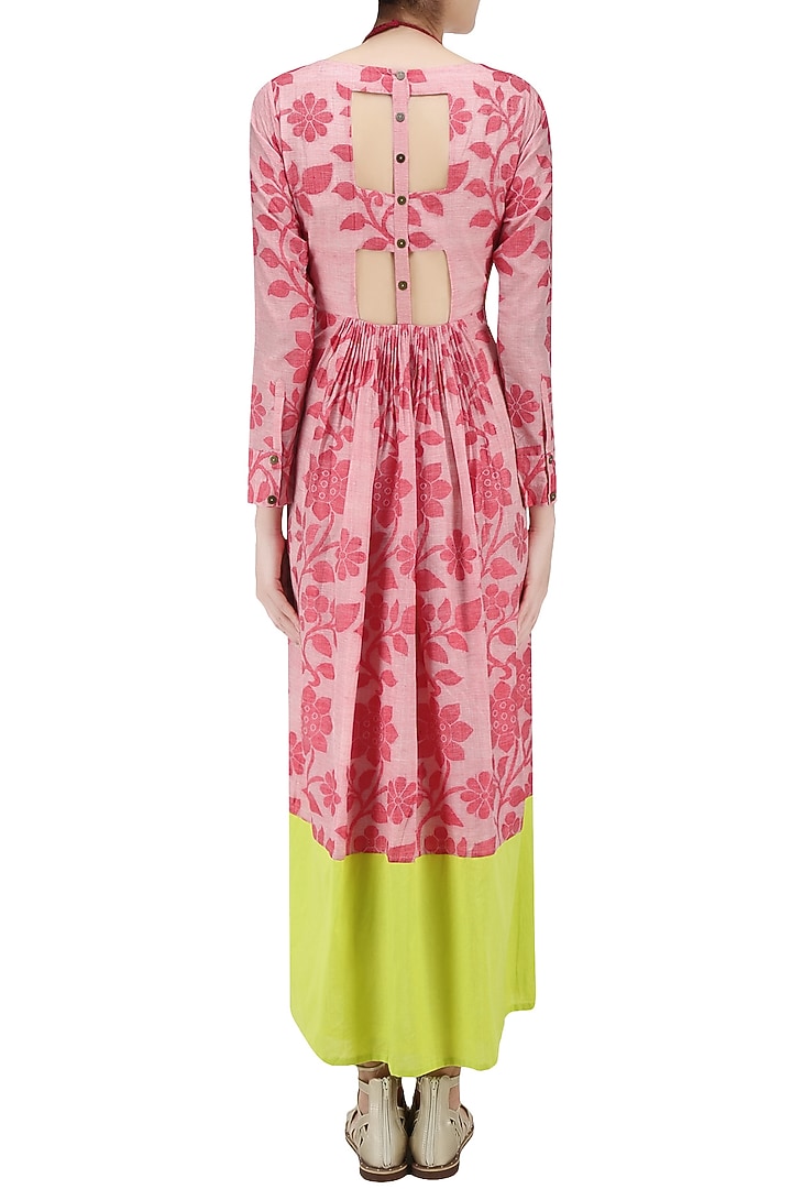 Flesh red and lime floral jamdani brocade maxi dress available only at Pernia's Pop Up Shop.