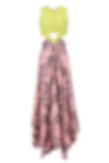 Flesh Red and Lime Asymmetric Hemline V-Waist Cutout Fitted Dress by Debashri Samanta