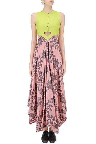Flesh Red and Lime Asymmetric Hemline V-Waist Cutout Fitted Dress by Debashri Samanta