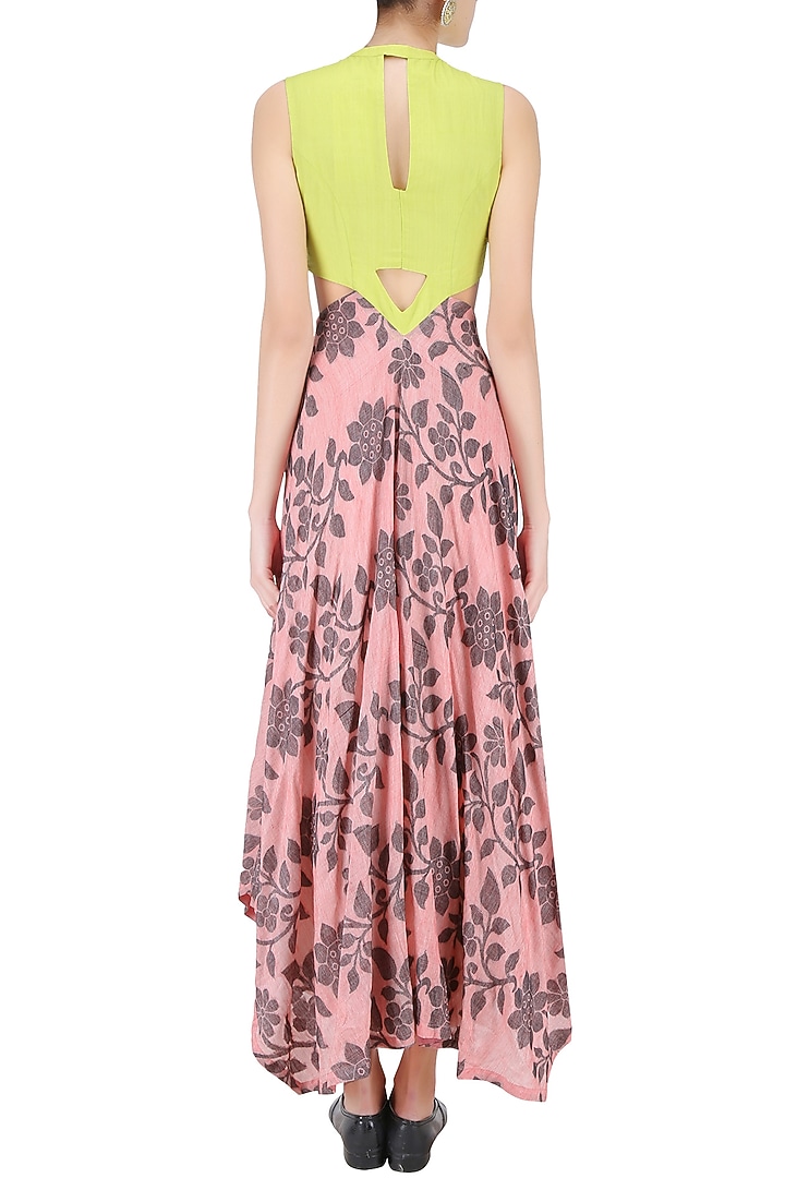 Flesh red and lime asymmetric hemline v-waist cutout fitted dress available only at Pernia's Pop Up Shop.