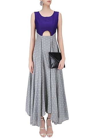 Light Grey and Purple Cut Out Flared Asymmetrical Dress by Debashri Samanta