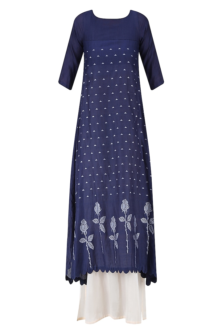 Indigo and Beige Double-Layered Asymmetric Maxi Dress by Debashri Samanta
