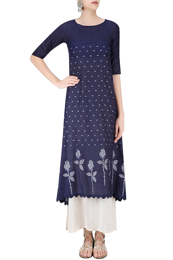 Indigo and beige double-layered asymmetric maxi dress available only at Pernia's Pop Up Shop.