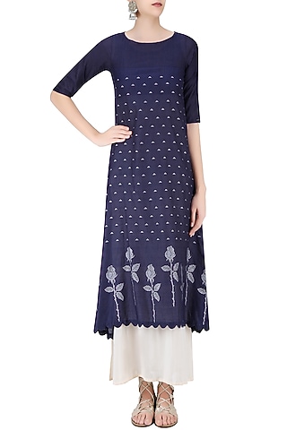 Indigo and Beige Double-Layered Asymmetric Maxi Dress by Debashri Samanta