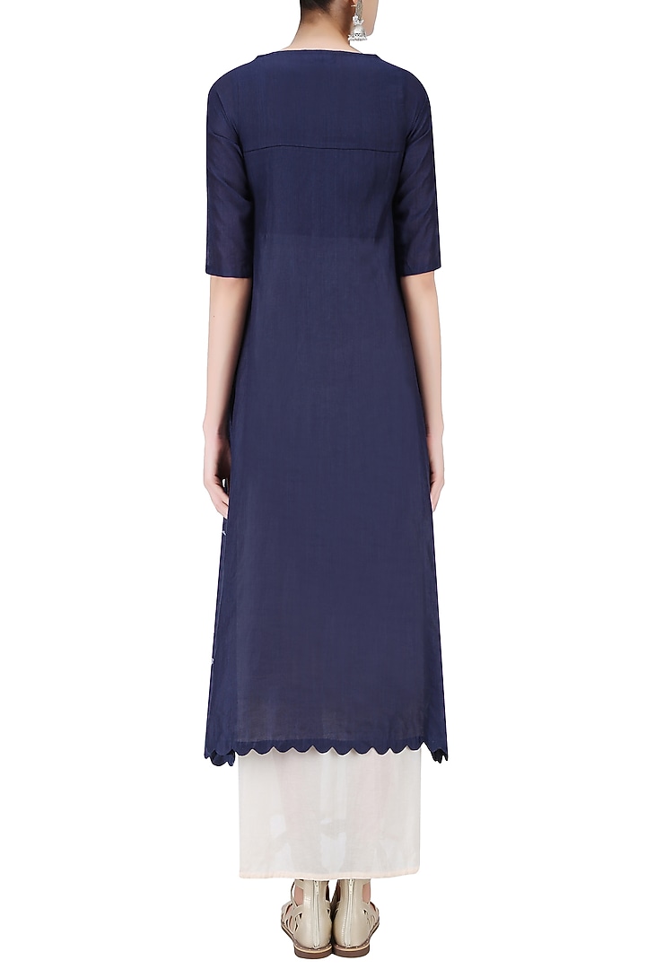 Indigo and beige double-layered asymmetric maxi dress available only at Pernia's Pop Up Shop.