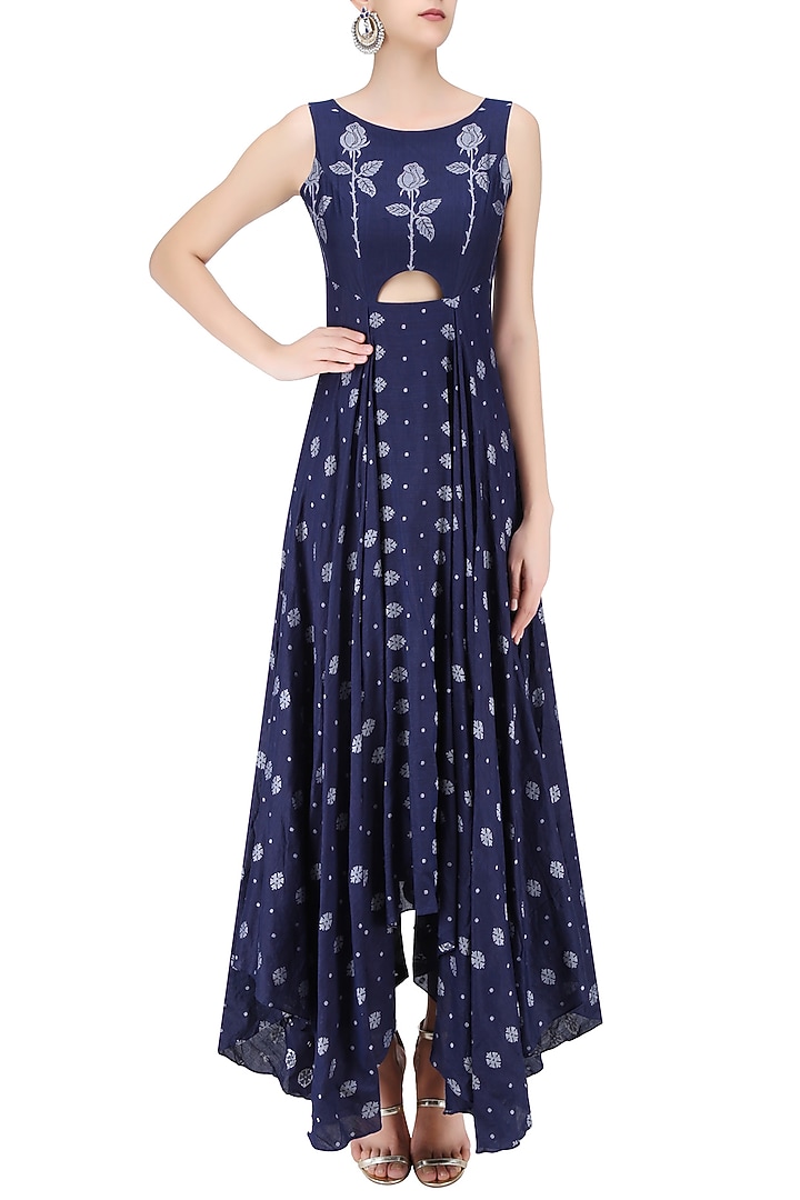 Indigo snowflake jamdani motifs cut out flared asymmetrical dress available only at Pernia's Pop Up Shop.