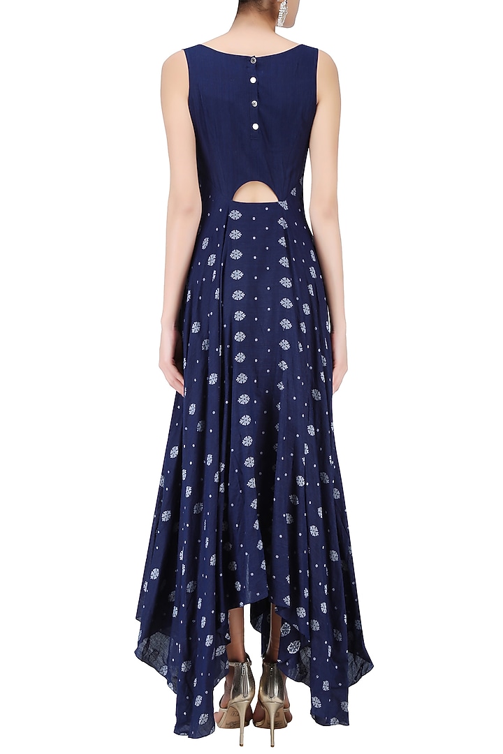 Indigo snowflake jamdani motifs cut out flared asymmetrical dress available only at Pernia's Pop Up Shop.