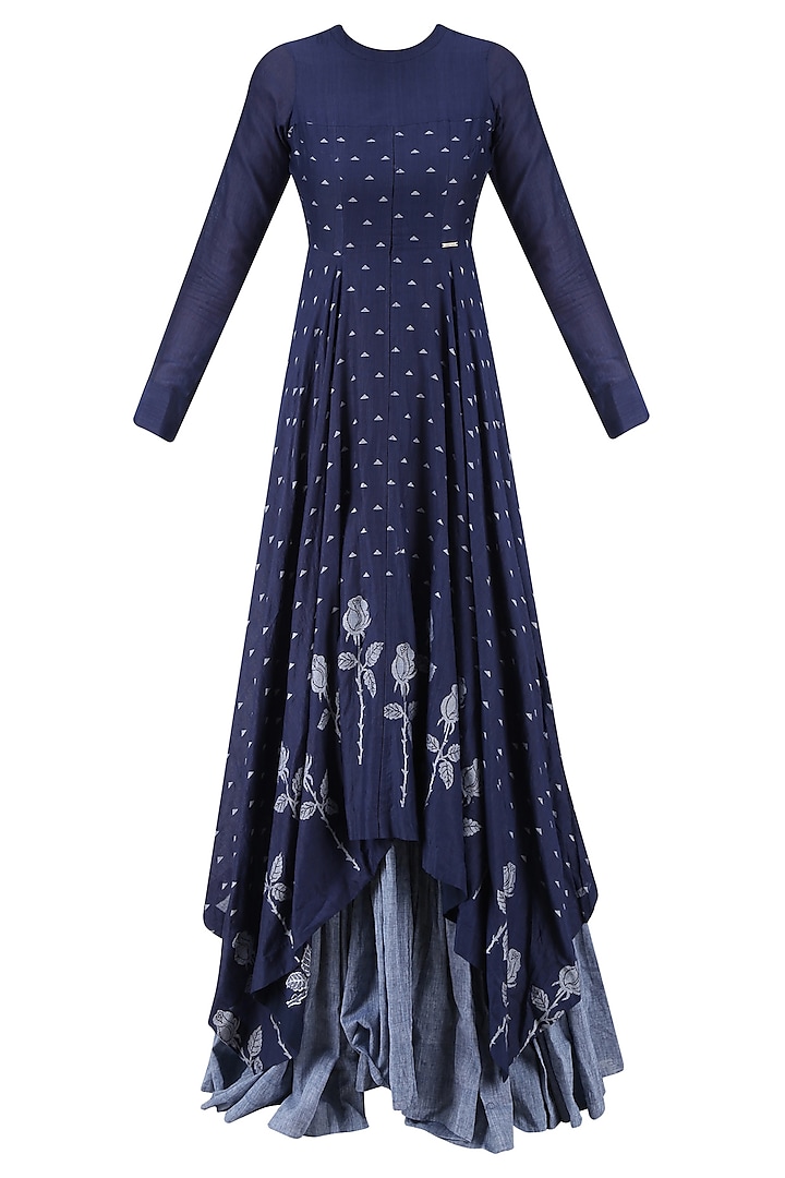 Indigo and Light Blue Rose and Triangle Jamdani Brocade Motifs Maxi Dress by Debashri Samanta