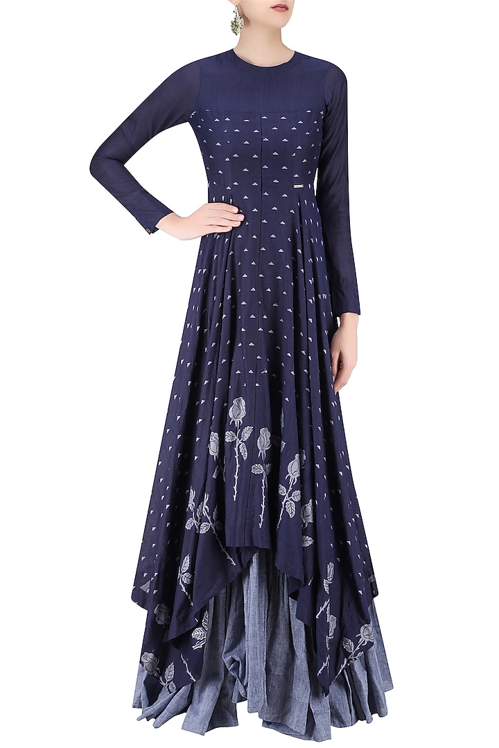 Indigo and light blue rose and triangle jamdani brocade motifs maxi dress available only at Pernia's Pop Up Shop.