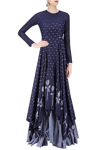 Indigo and Light Blue Rose and Triangle Jamdani Brocade Motifs Maxi Dress by Debashri Samanta