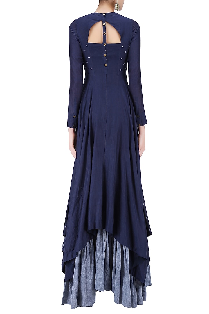Indigo and light blue rose and triangle jamdani brocade motifs maxi dress available only at Pernia's Pop Up Shop.