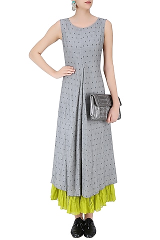 Light Grey and Lime Jamdani Brocade Motifs Maxi Dress by Debashri Samanta