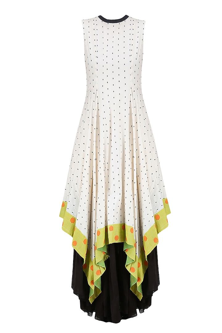 Ivory, Black and Lime Dot Jamdani Asymmetric Maxi Dress by Debashri Samanta
