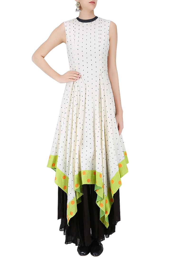Ivory, black and lime dot jamdani asymmetric maxi dress available only at Pernia's Pop Up Shop.