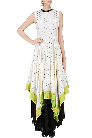 Ivory, Black and Lime Dot Jamdani Asymmetric Maxi Dress by Debashri Samanta