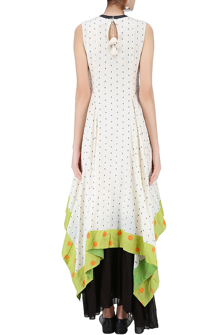 Ivory, black and lime dot jamdani asymmetric maxi dress available only at Pernia's Pop Up Shop.