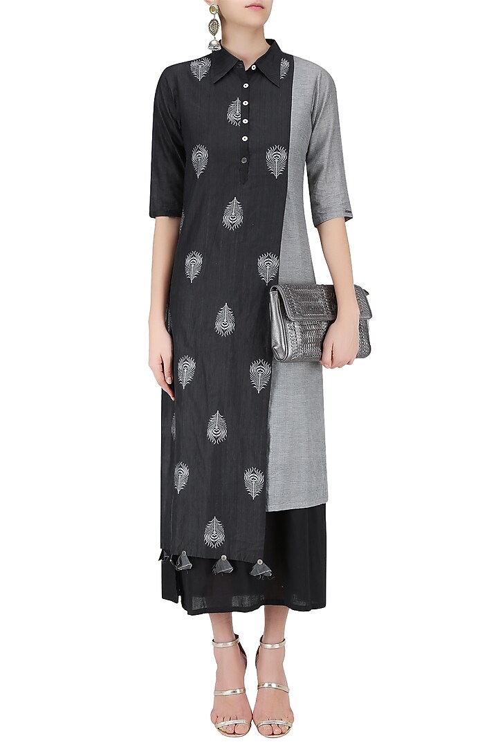Light grey and black peacock feather jamdani motif double layered dress available only at Pernia's Pop Up Shop.