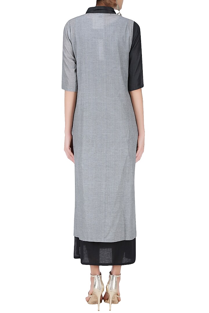 Light grey and black peacock feather jamdani motif double layered dress available only at Pernia's Pop Up Shop.