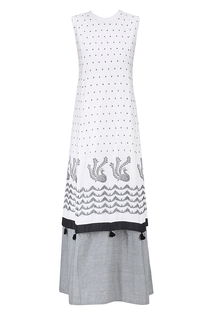 Ivory and Grey Peacock Jamdani Brocade Motif Panelled Layered Maxi Dress by Debashri Samanta