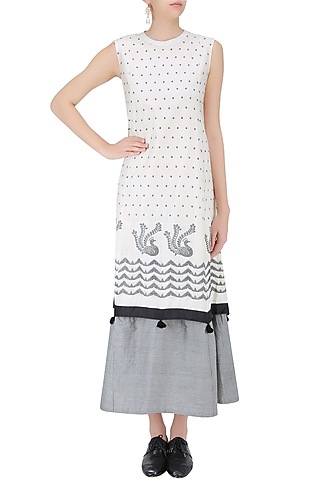 Ivory and Grey Peacock Jamdani Brocade Motif Panelled Layered Maxi Dress by Debashri Samanta