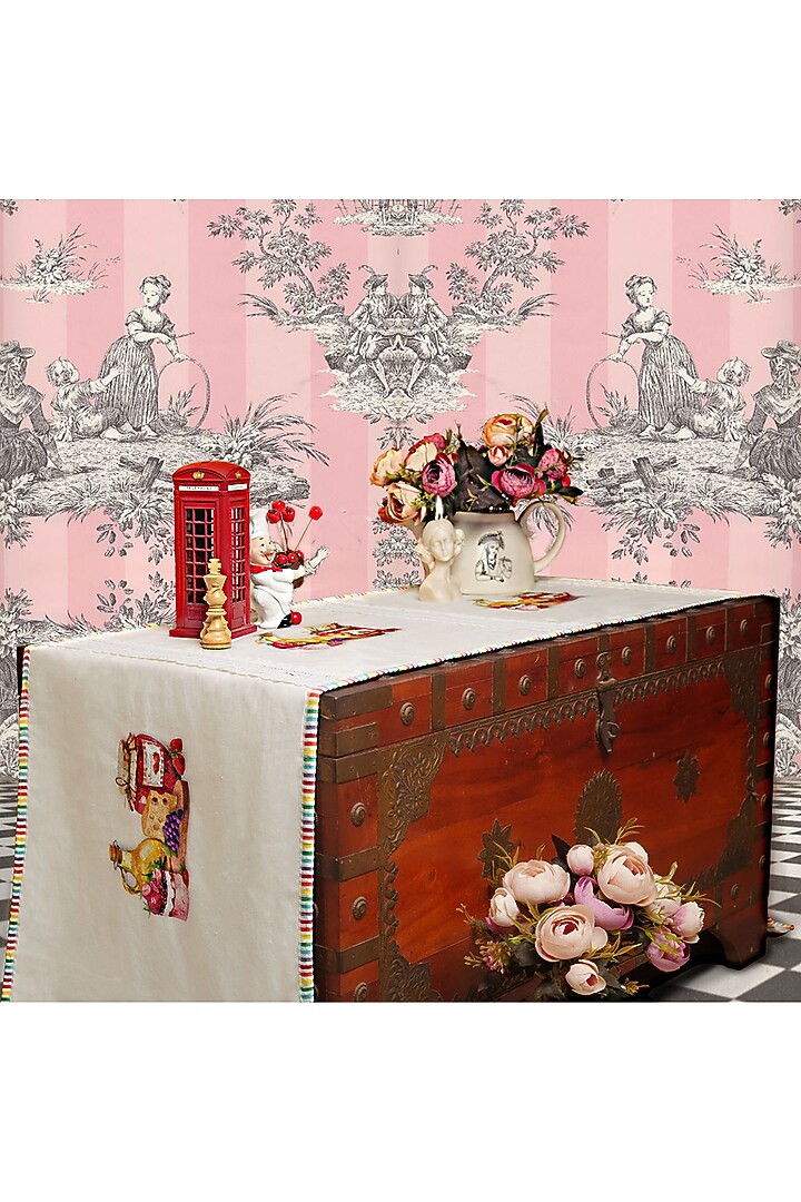White Organic Cotton Rose Macaron Printed Table Runner by DE CHEVALERiE en Rouge at Pernia's Pop Up Shop